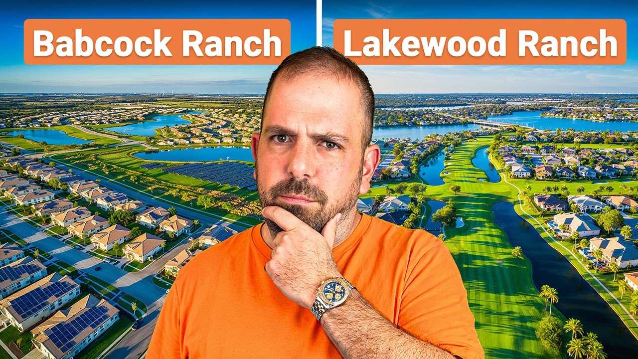 Split aerial view comparison of Babcock Ranch and Lakewood Ranch in Florida, with solar-powered neighborhoods on the left and golf course communities on the right, featuring real estate expert John Garuti in the foreground evaluating retirement options.