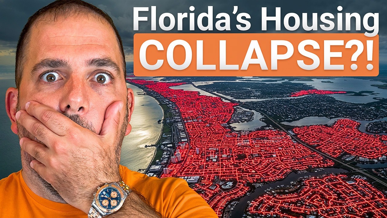 John Garuti, surprised, covers his mouth with his hand while a Florida coastal city glows red under stormy skies, with bold text reading “Florida’s Housing Collapse?!” — representing concern over a possible housing market downturn in Southwest Florida.