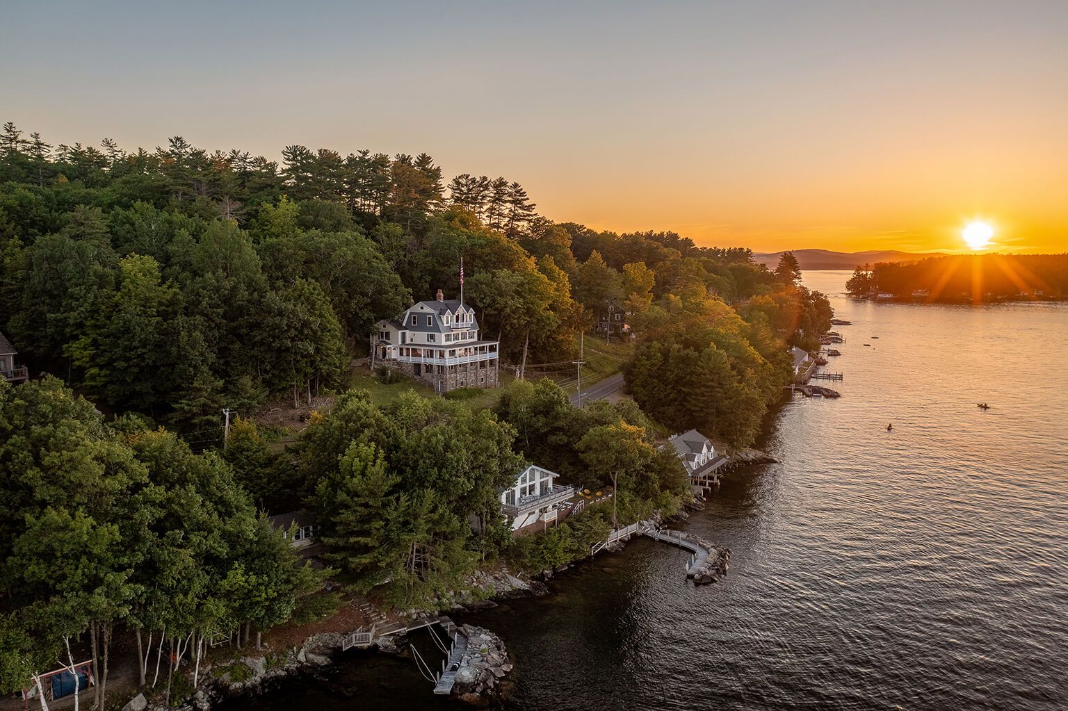 Sunset over a Gilford, NH waterfront on Lake Winnipesaukee