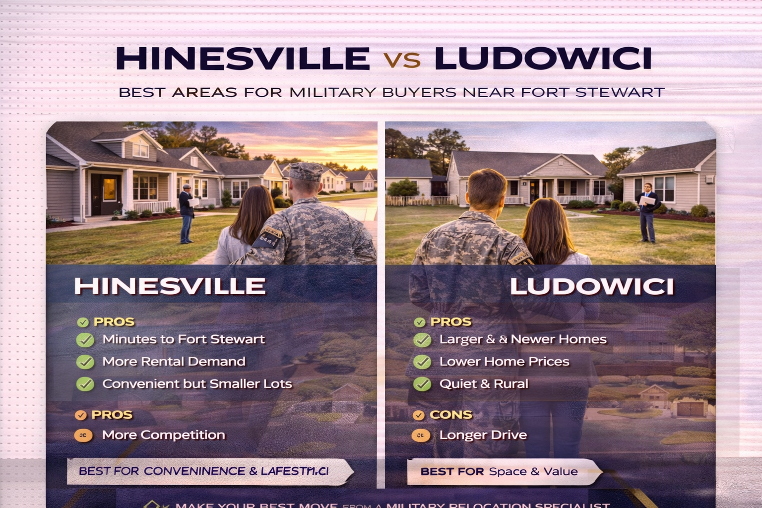 Hinesville vs Ludowici: Best Areas for Military Buyers Near Fort Stewart header image.