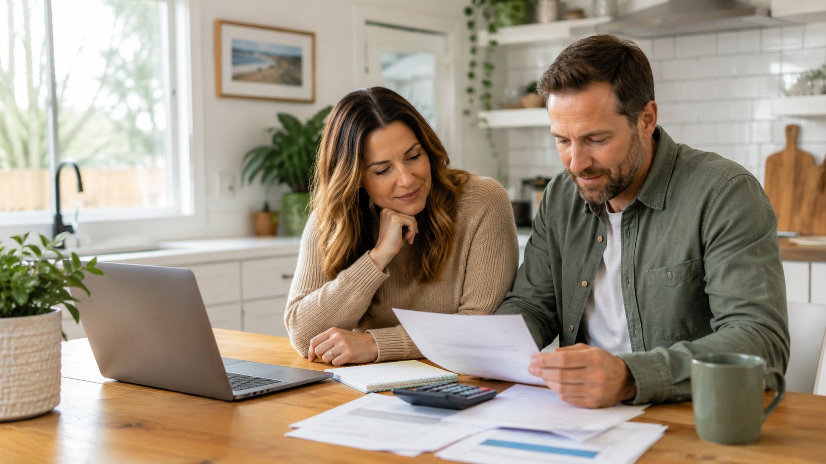 Salem home buyers comparing mortgage payment and purchase options at a kitchen table.