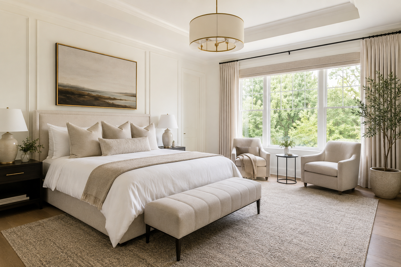 Professionally staged primary bedroom in a Salem Oregon luxury home listed for sale