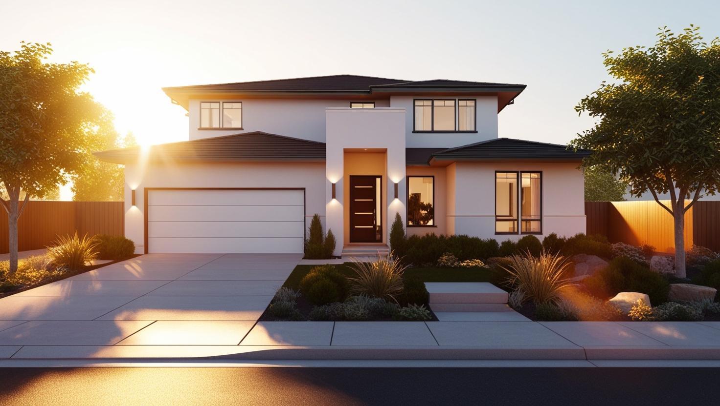 Contemporary two-story home with a white exterior and sleek modern lines, photographed at sunrise with golden sunlight casting soft shadows across the driveway and landscape.