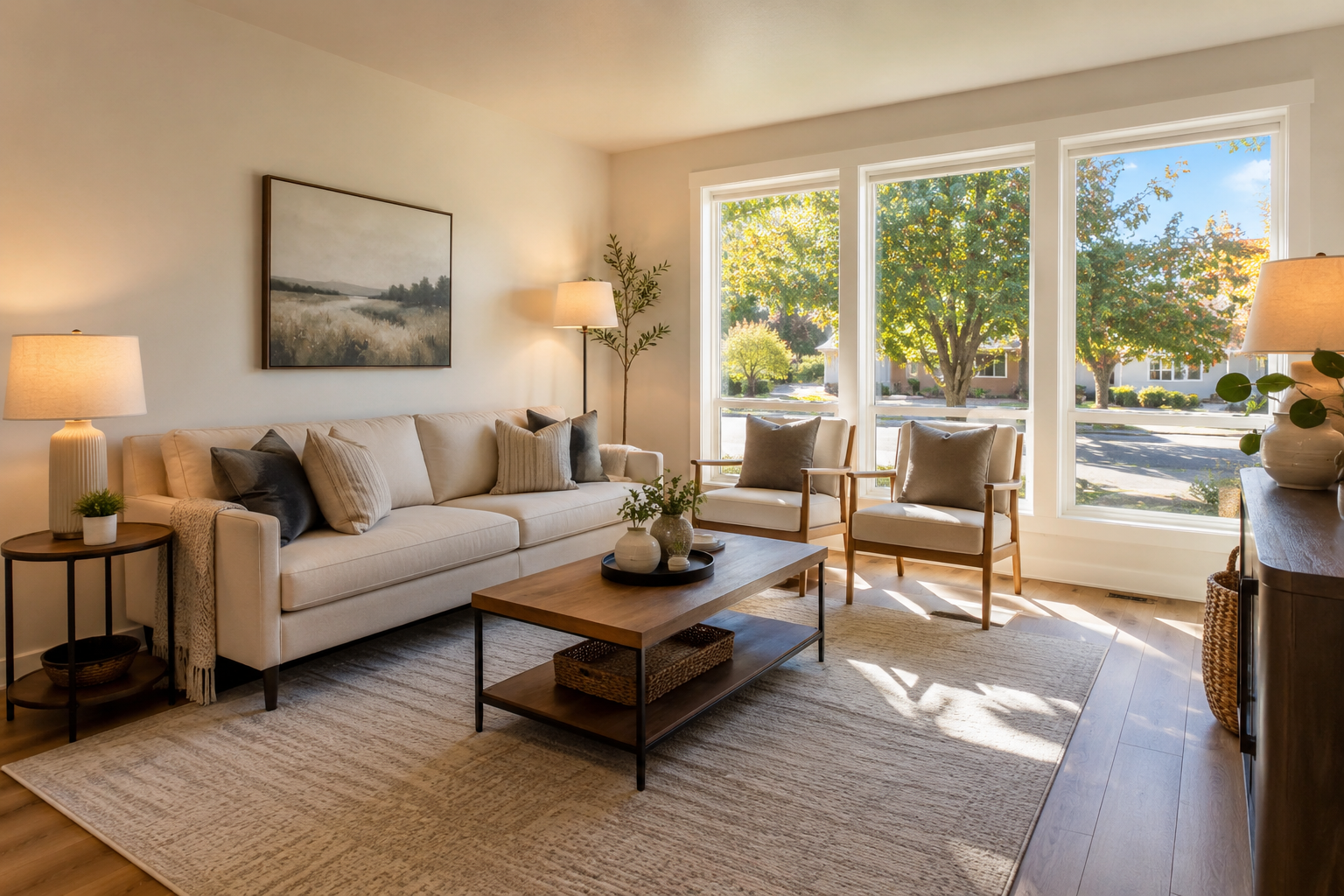 Bright light-filled living room in Salem Oregon home staged for sale with open blinds and warm lighting