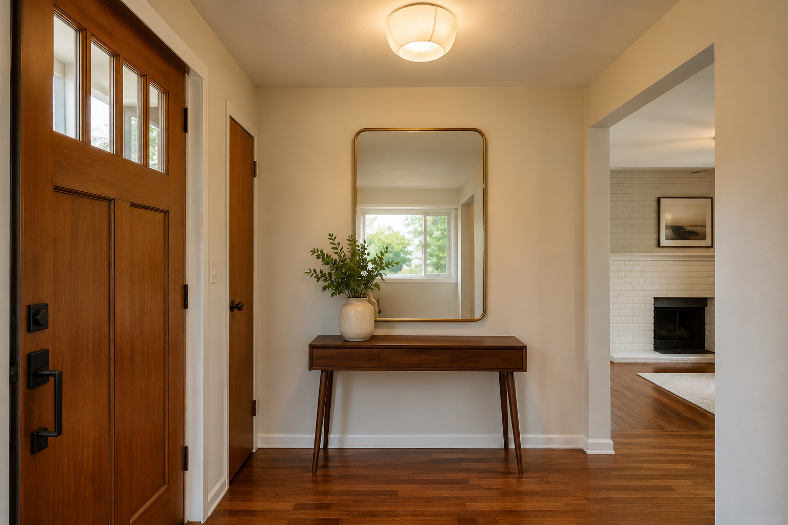 Staged home entryway with warm lighting, mirror, and hardwood floors — Salem OR seller tips