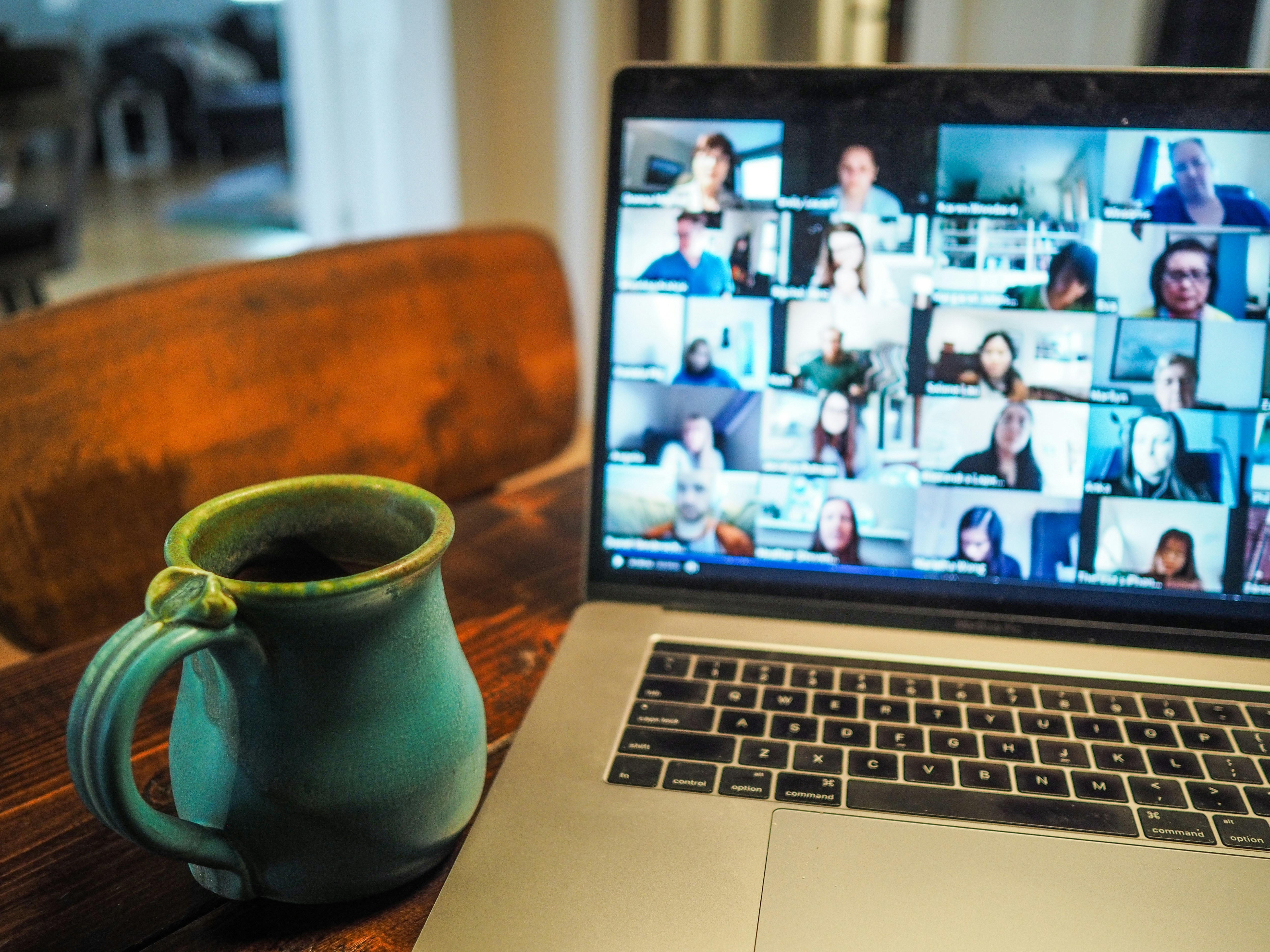 Online webinar with a cup of coffee