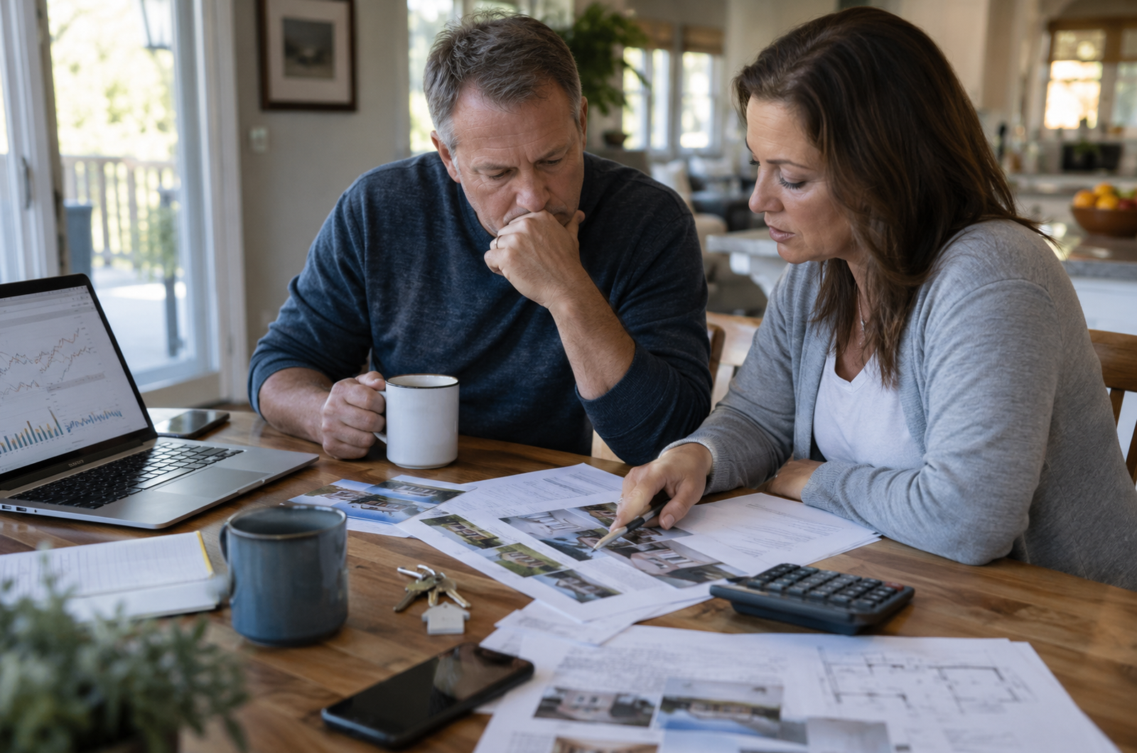Middle-aged couple reviewing mortgage paperwork, home photos and market data at their kitchen table.