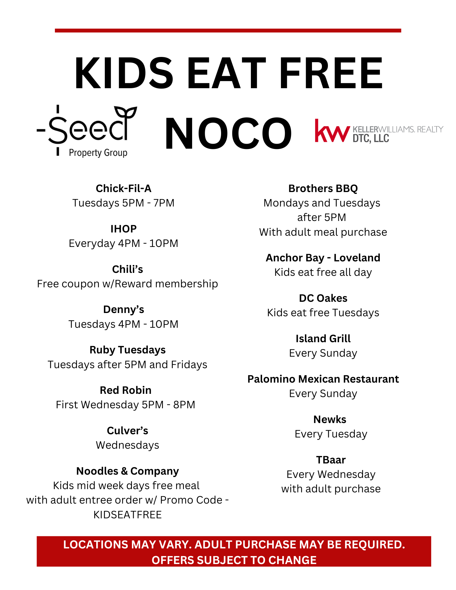 Kids Eat Free - NOCO header image.