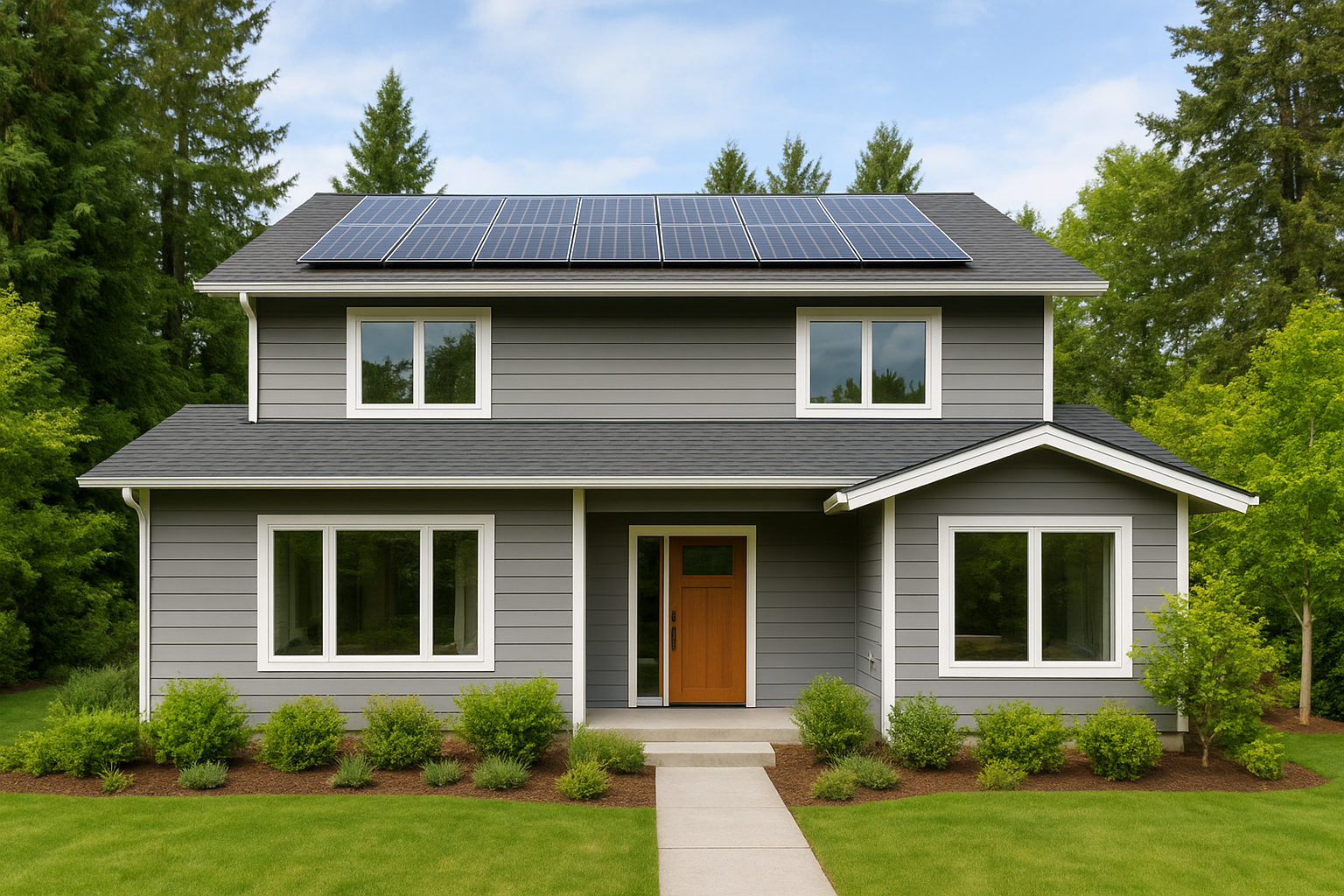 Modern Whatcom County home with solar panels and energy-efficient windows surrounded by greenery