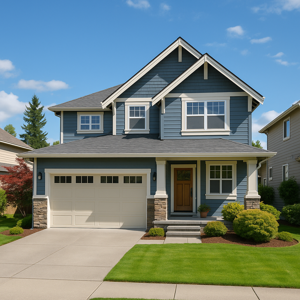 “A blue two-story Craftsman-style home in Whatcom County with a well-kept lawn, stone accents, and a sunny midday sky.”