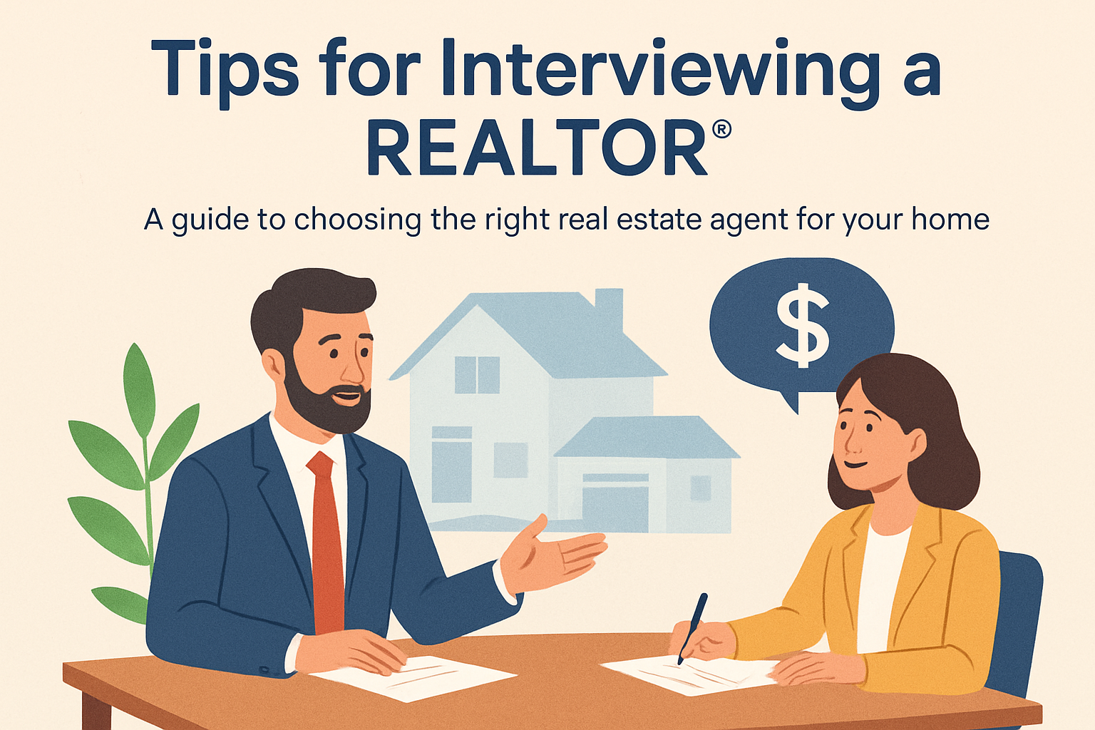 “Homebuyer interviewing a REALTOR at a desk with a house illustration in the background.”