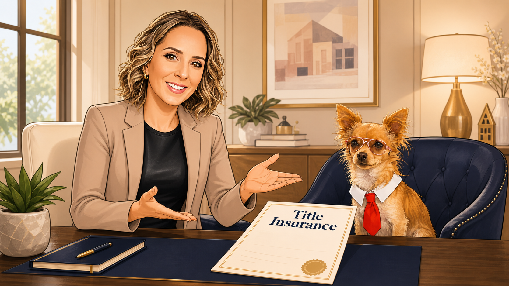 Agent explaining title insurance to her client that is also a dog