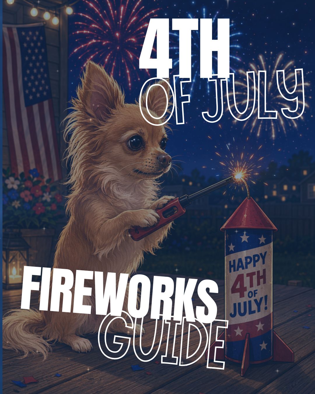 Long-haired chihuahua lighting a firework that says 