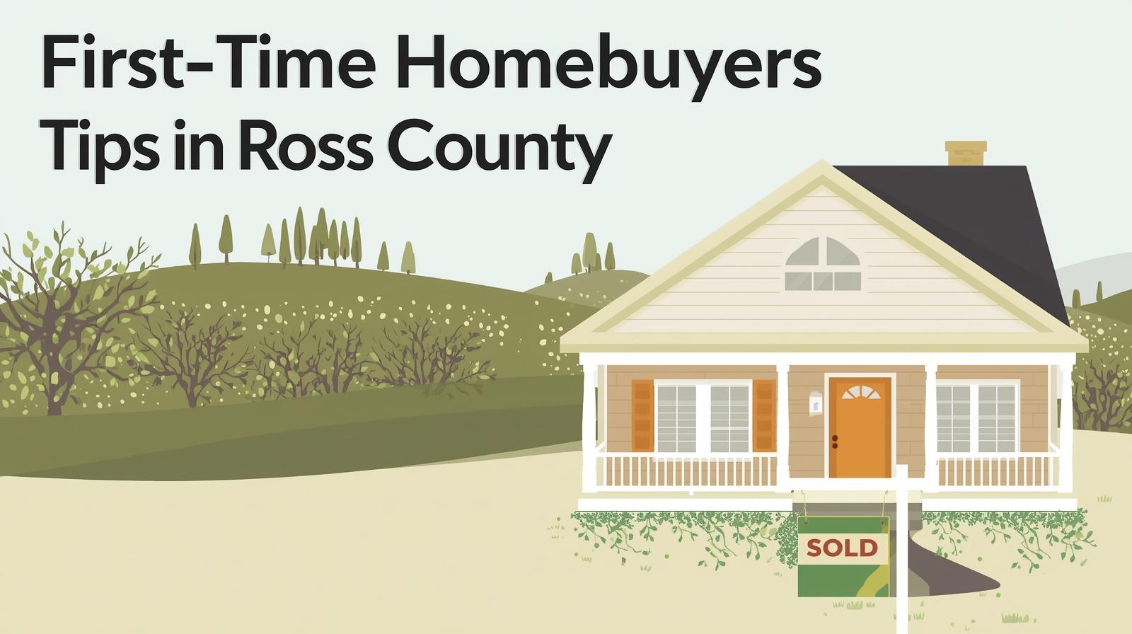 House with a sold sign in front, house is tan in the middle of a field with grass and trees.