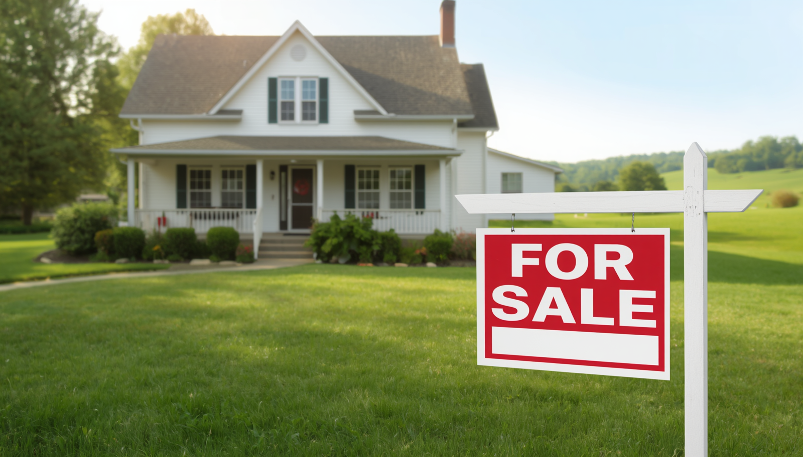 house in golden hour sunlight with a for sale sign in the front yard
