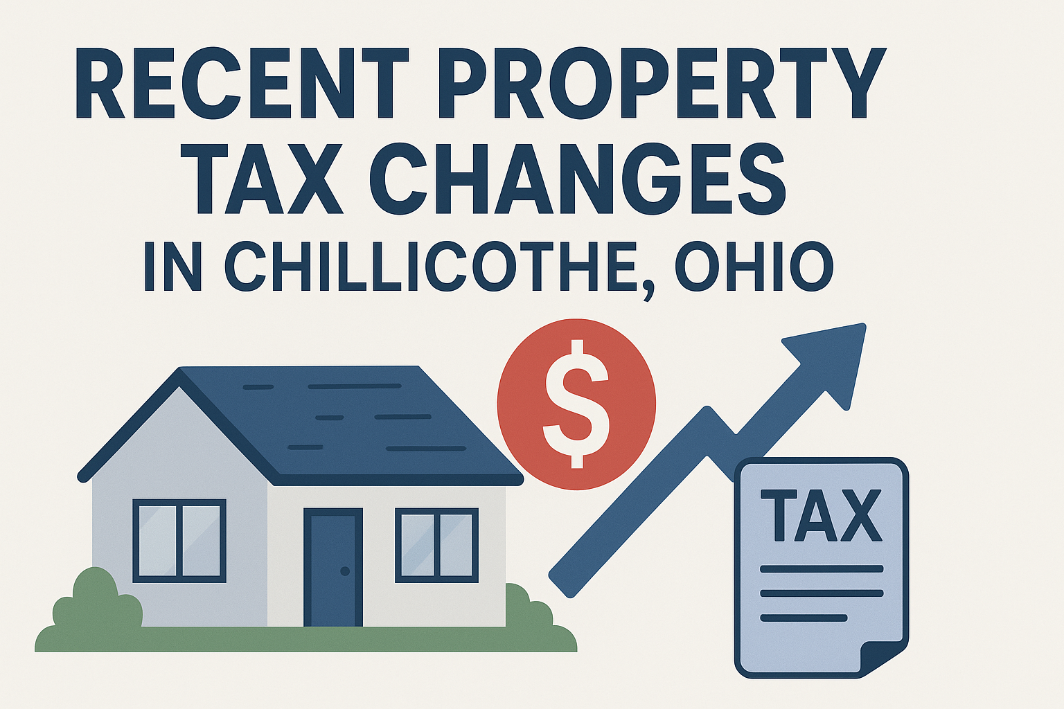 Graphic showing recent property tax changes in Chillicothe, Ohio with a house illustration, rising arrow, tax document, and dollar sign symbol.