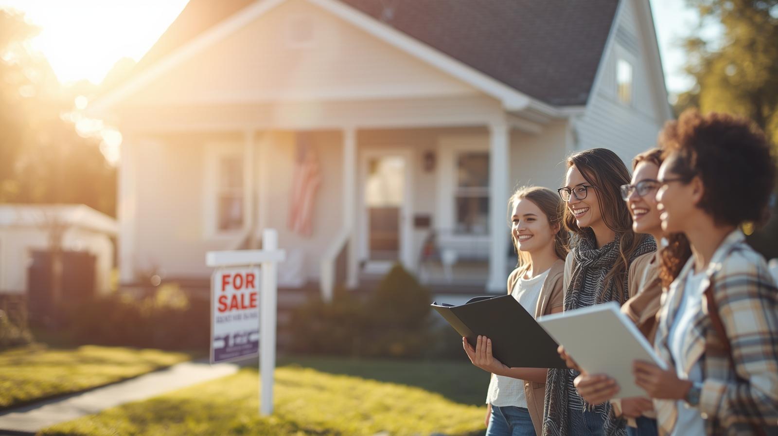 people standing outside of a house with a for sale sign
