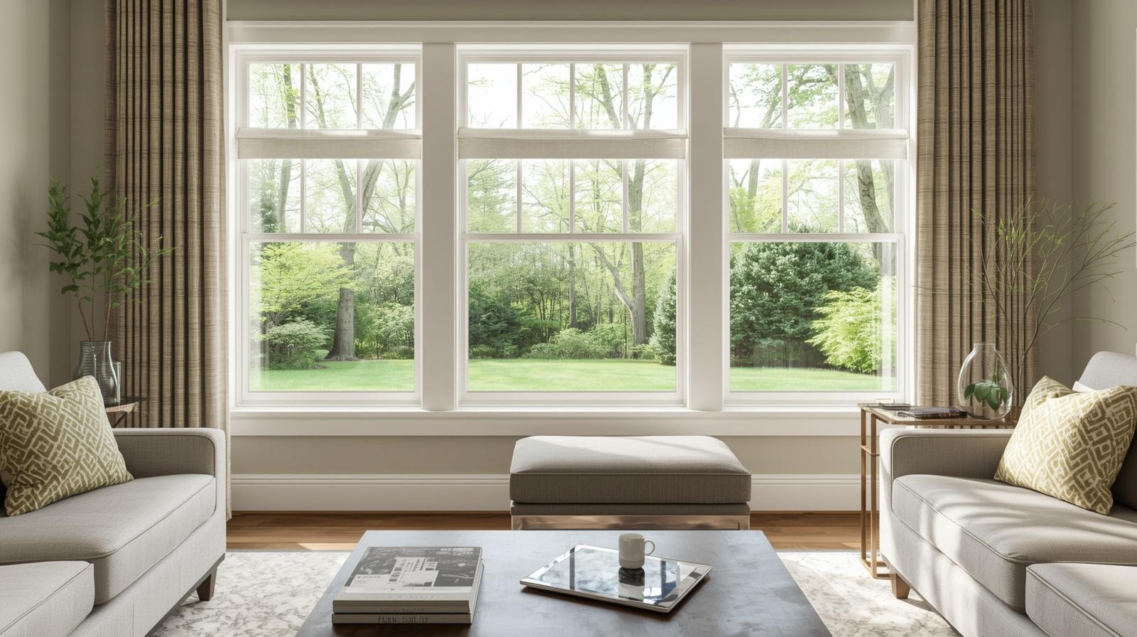 a living room with two couches and coffee table on a spring day