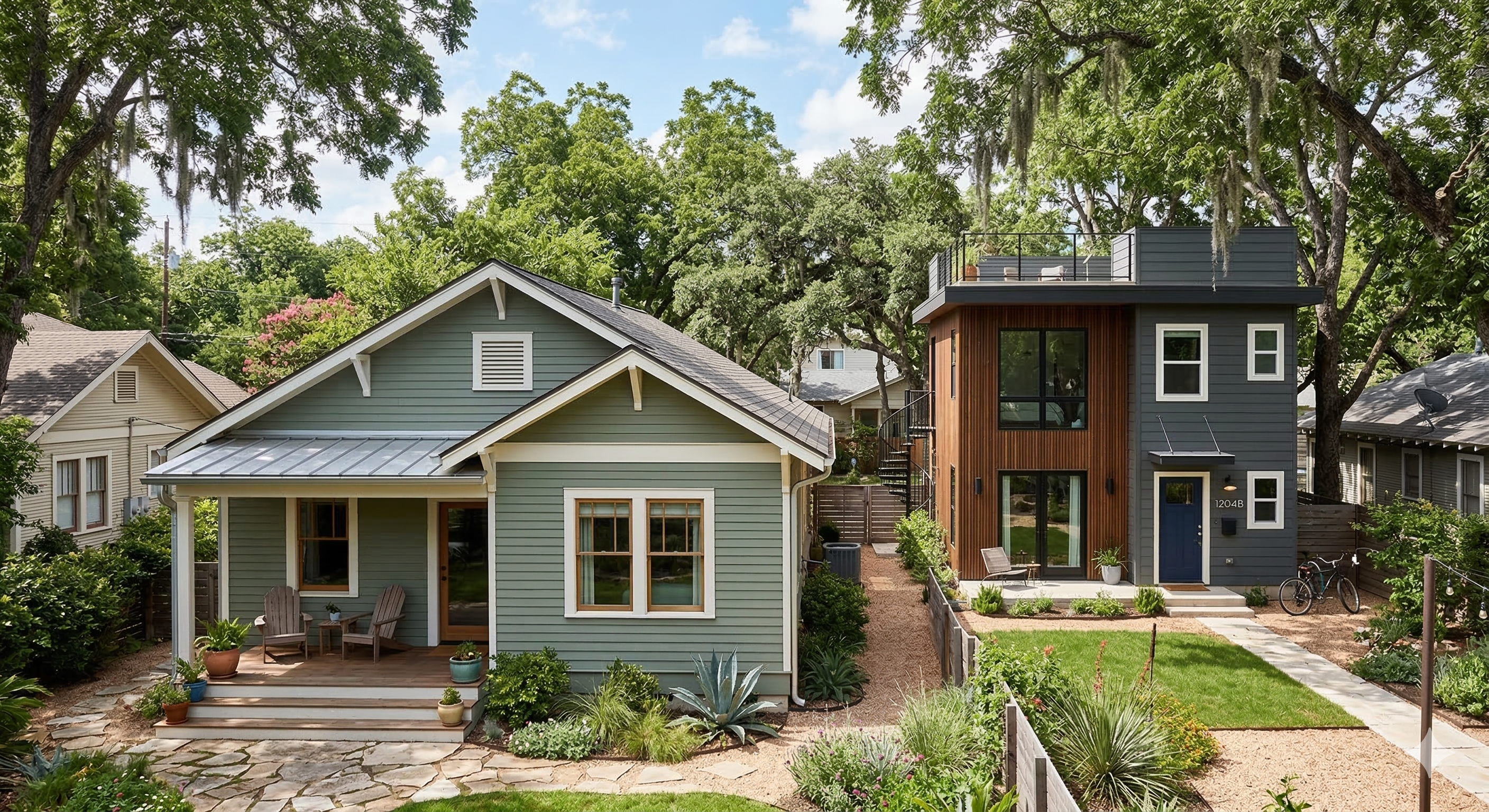 A modern, two-story ADU situated behind a renovated 1940s bungalow in a leafy Austin neighborhood.