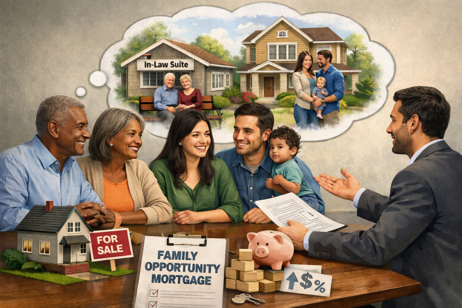 family around a table discussing a mortgage & housing dreams