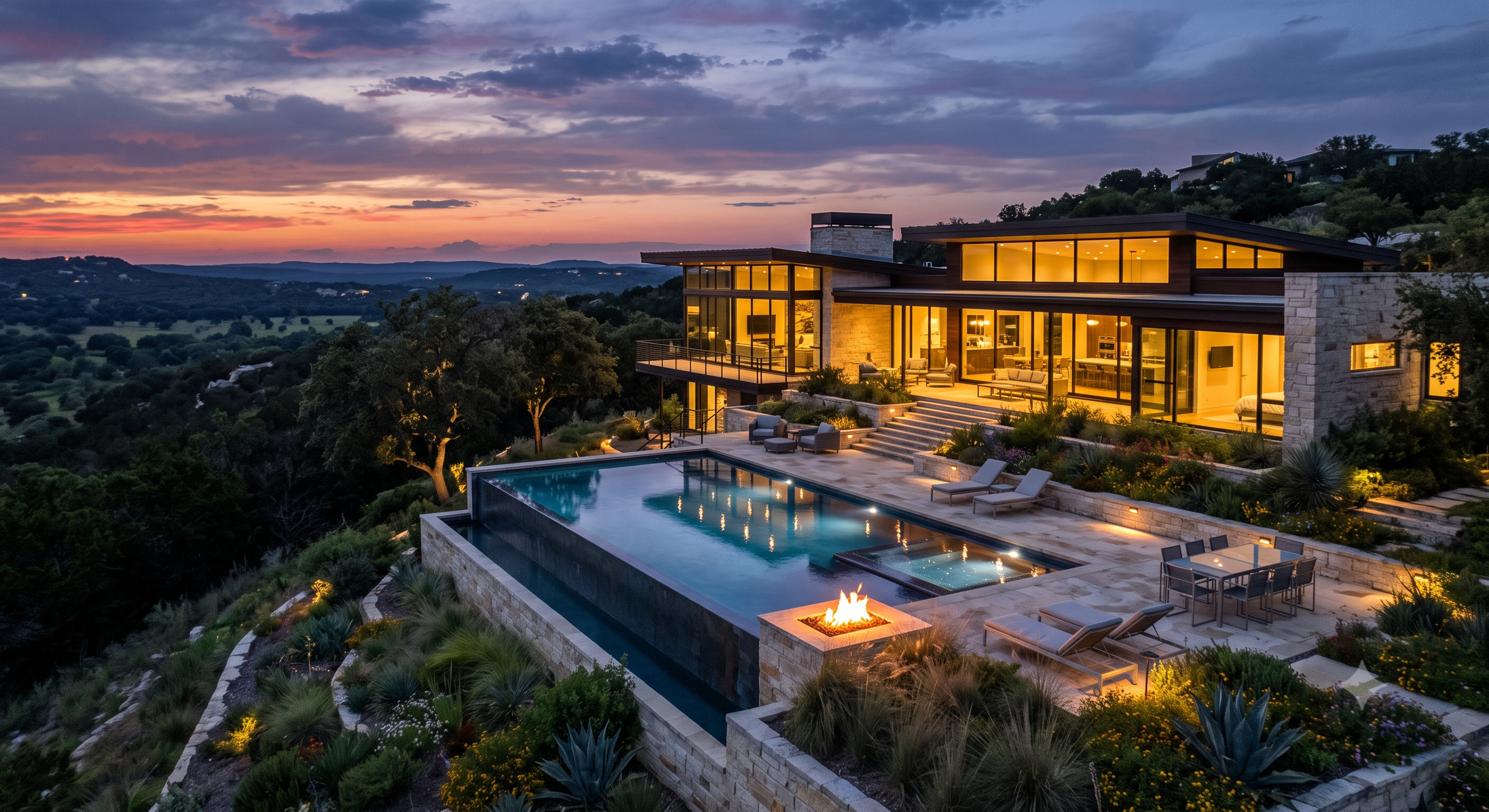 A luxury architectural home featuring floor-to-ceiling glass windows, an infinity pool, and pristine Texas Hill Country landscaping at dusk.