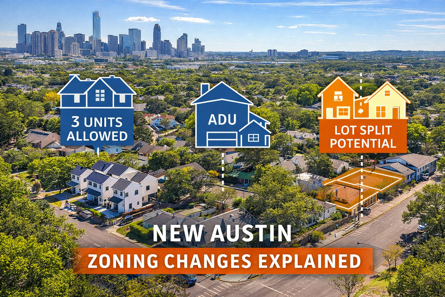 Central Austin neighborhood aerial showing zoning density and ADU development potential