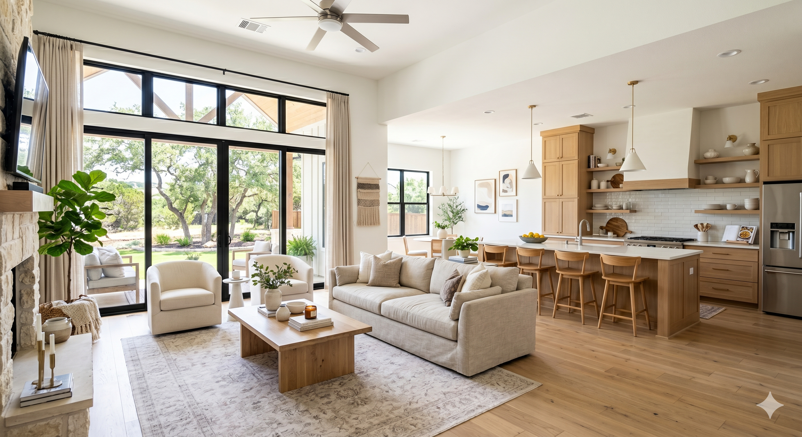 Professionally staged contemporary home interior in Austin, Texas, showing a sunlit living room and modern kitchen.