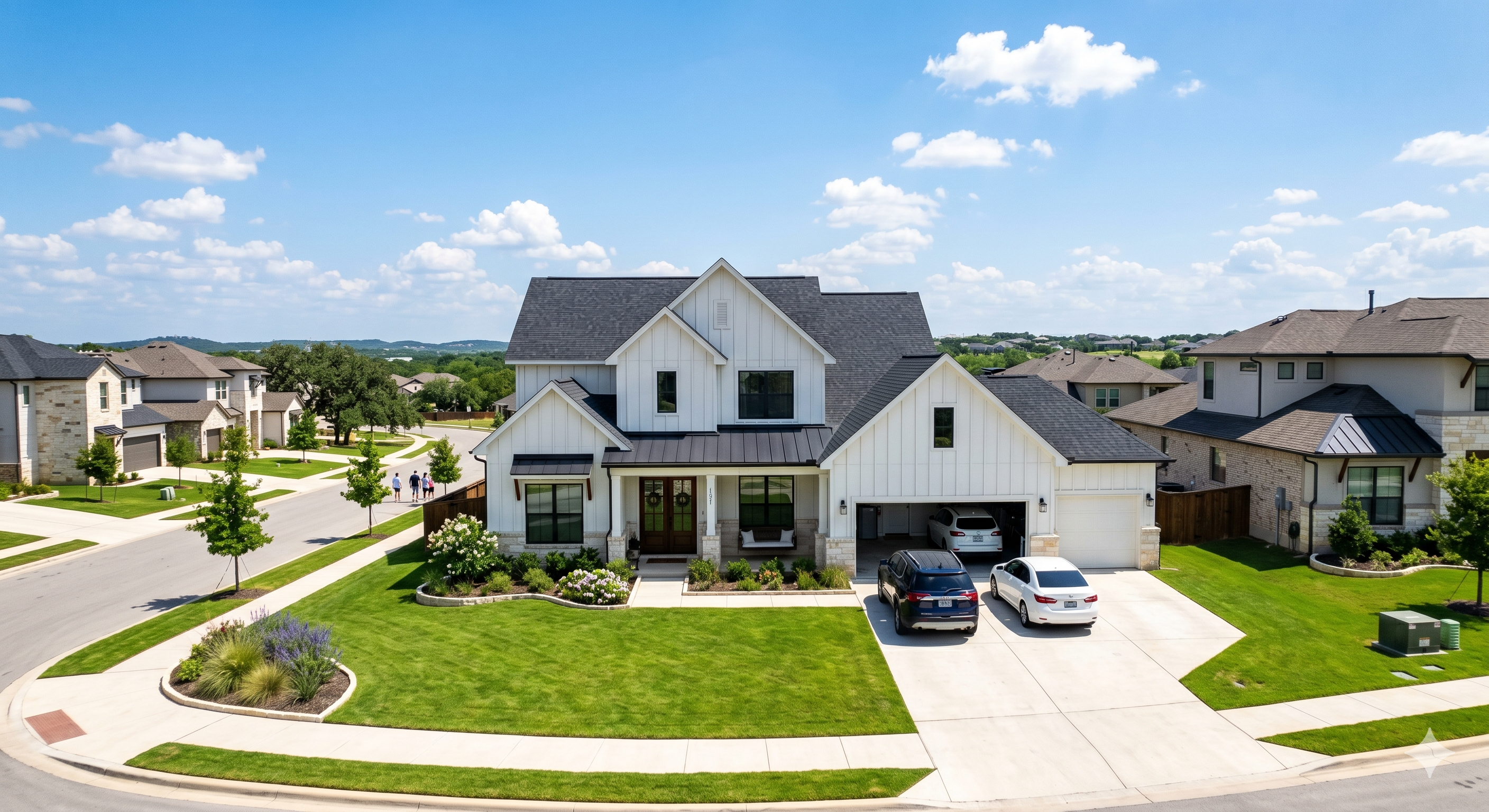 Bright, modern new construction home exterior in an Austin, Texas suburb under a clear blue sky.