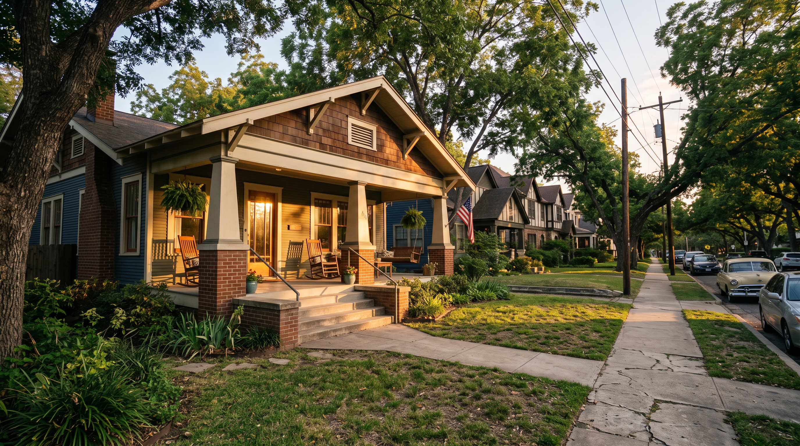 Craftsman style home with a deep front porch and tapered columns on a shady street in North Hyde Park, Austin, Texas.
