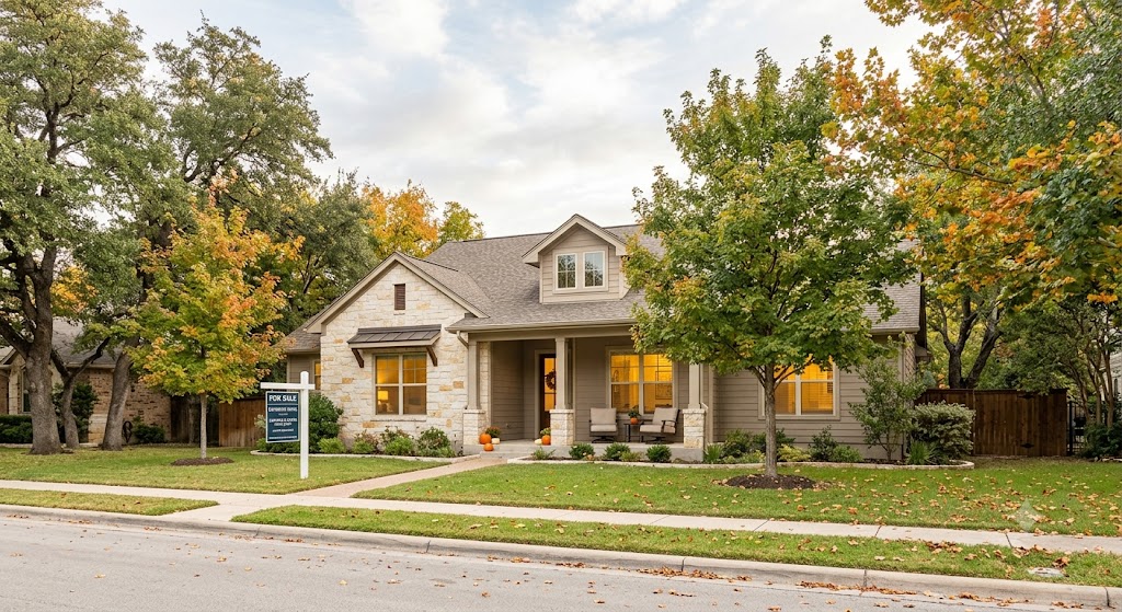 Well-staged Austin home during fall season with warm lighting and curb appeal.