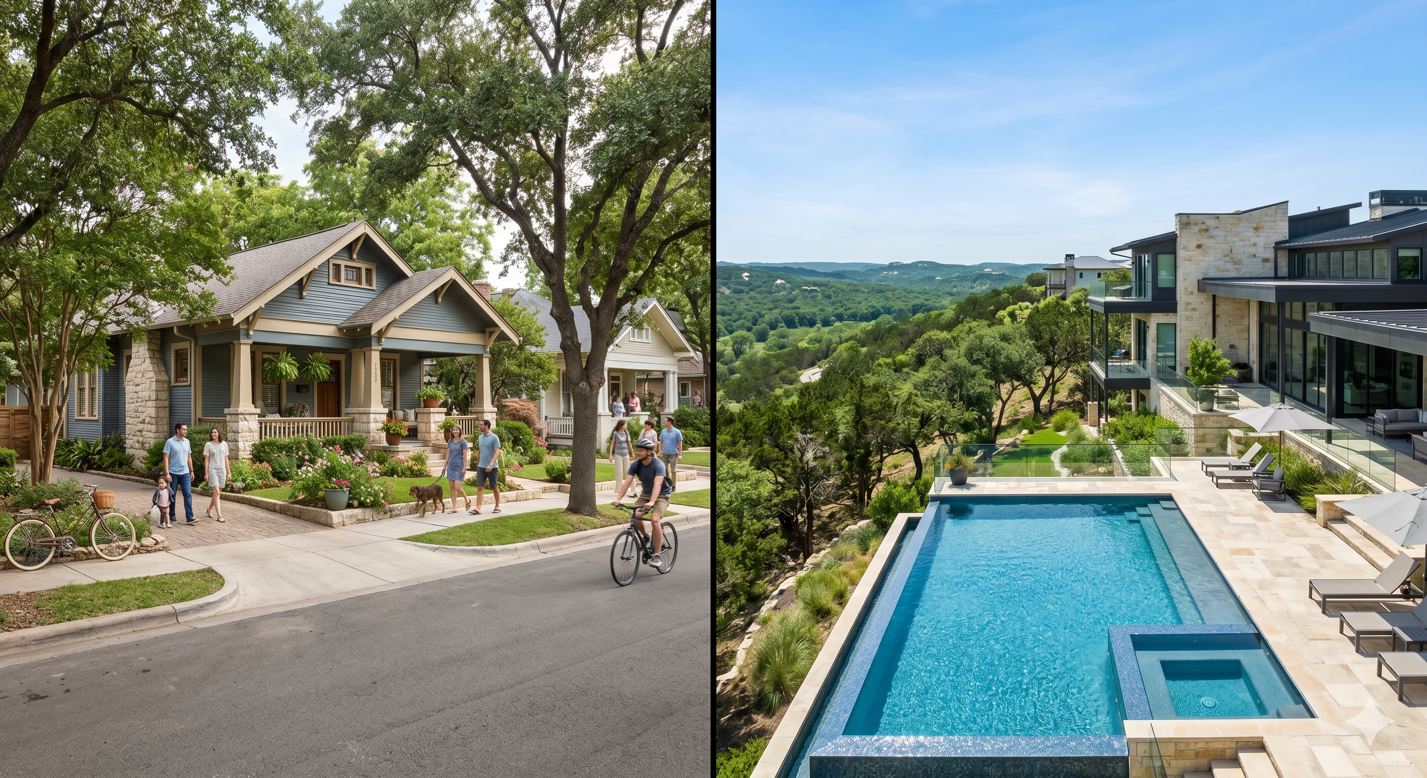 Visually capturing the distinct lifestyle choice between urban, walkable Central Austin charm and spacious, scenic suburban luxury living.
