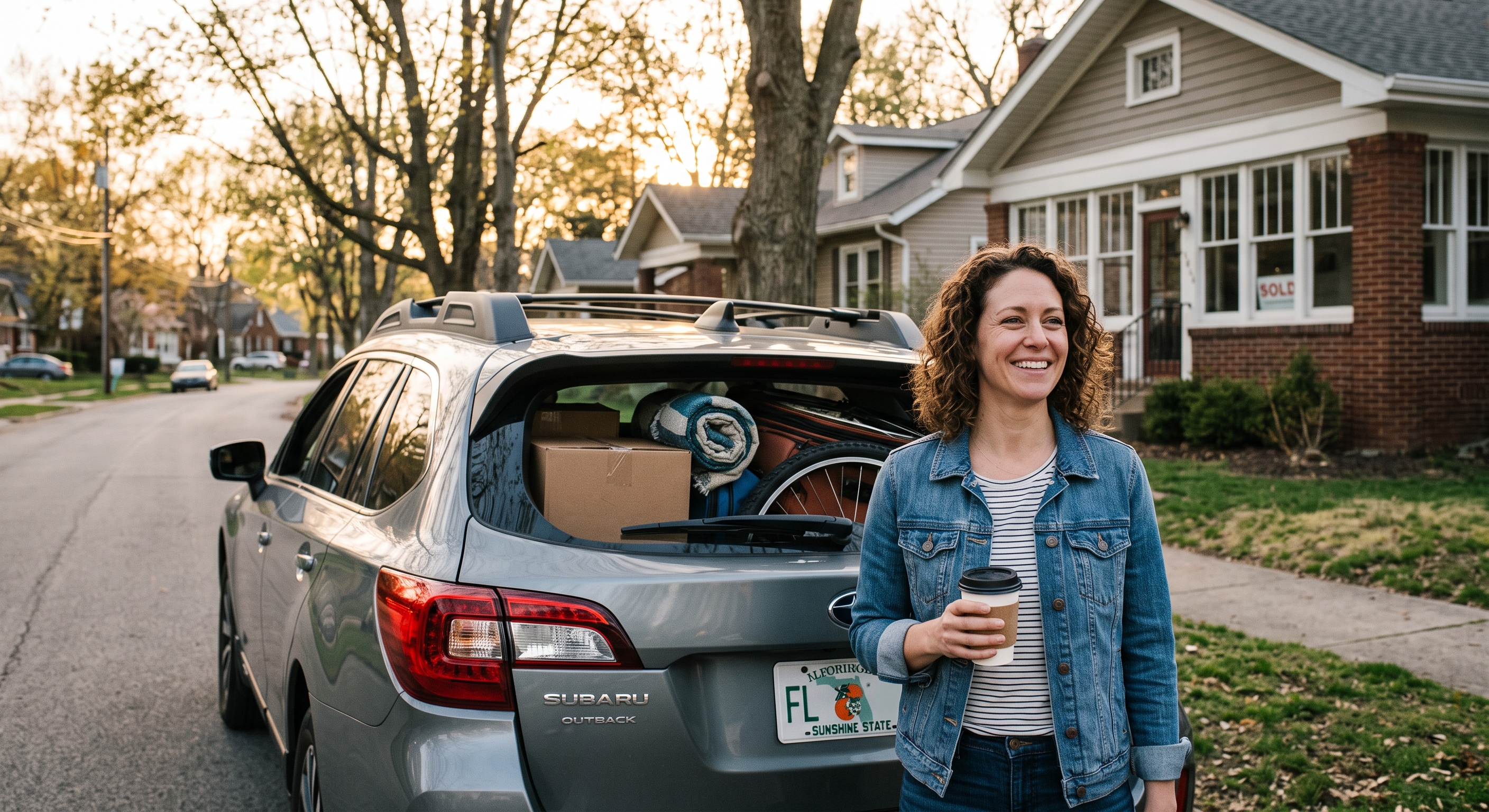 woman holding a coffee in front of a packed car