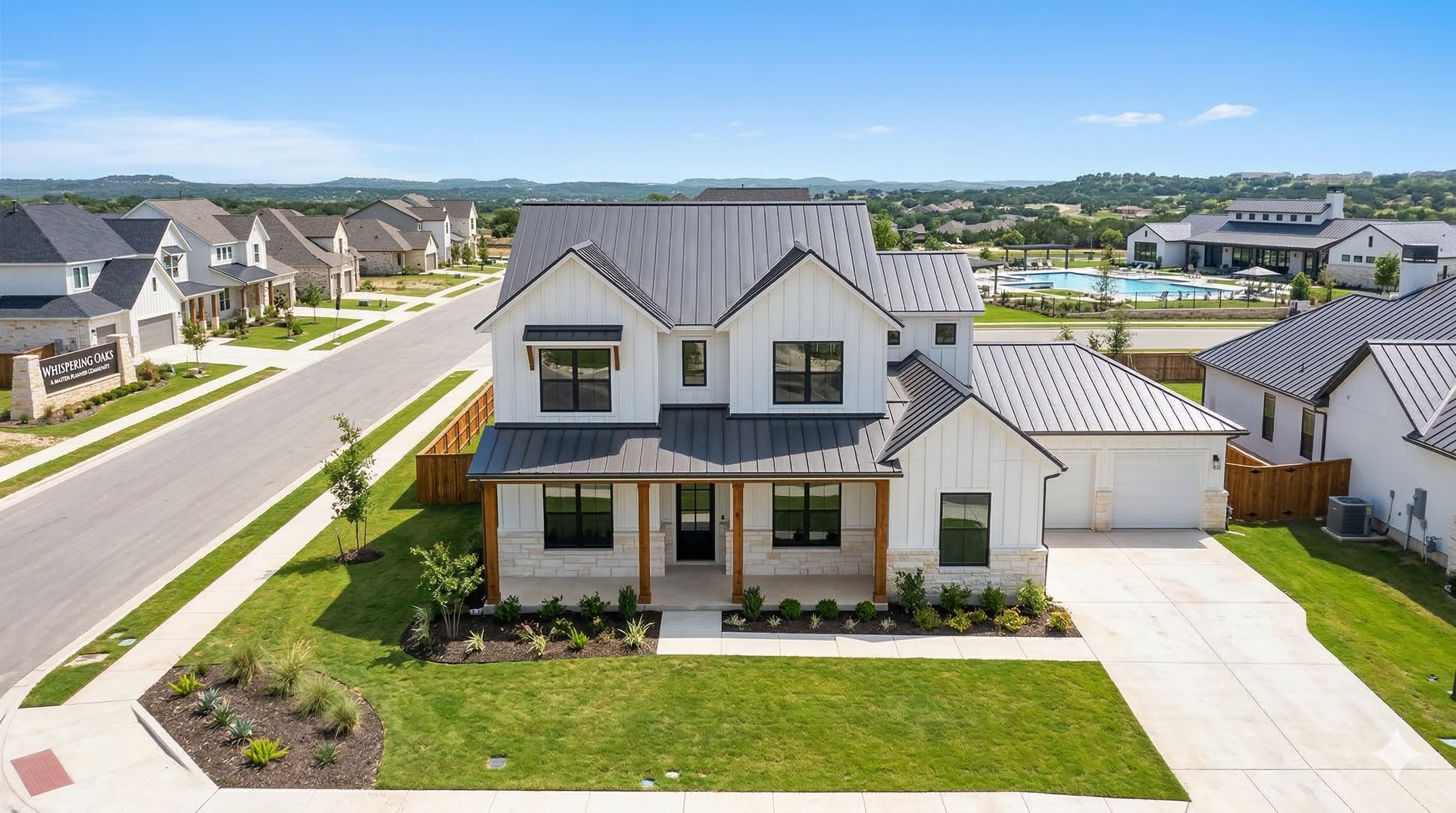 A modern farmhouse-style new construction home in a master-planned Austin community.