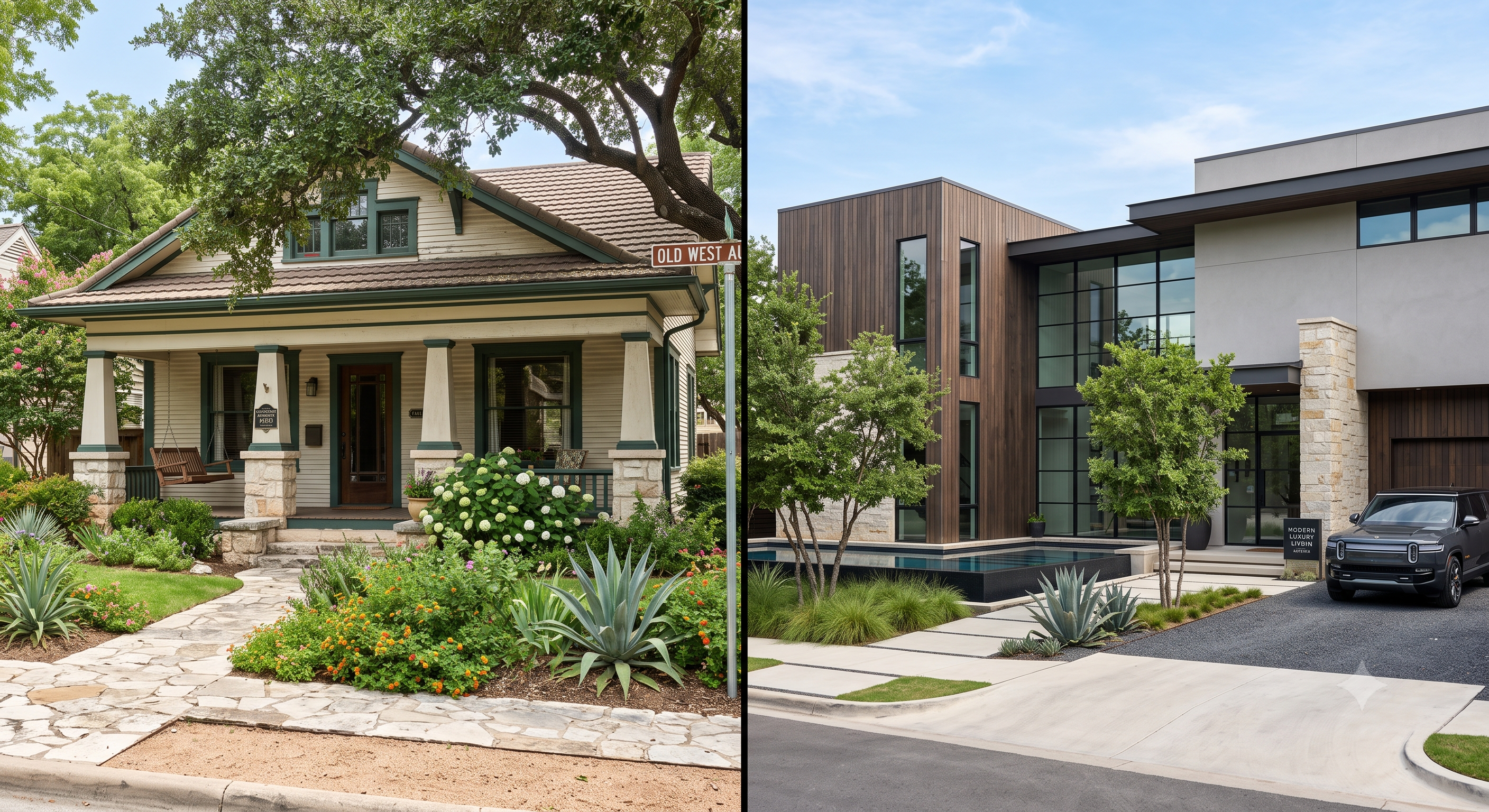 A beautiful side-by-side juxtaposition of a classic renovated craftsman home and a modern luxury estate entrance.