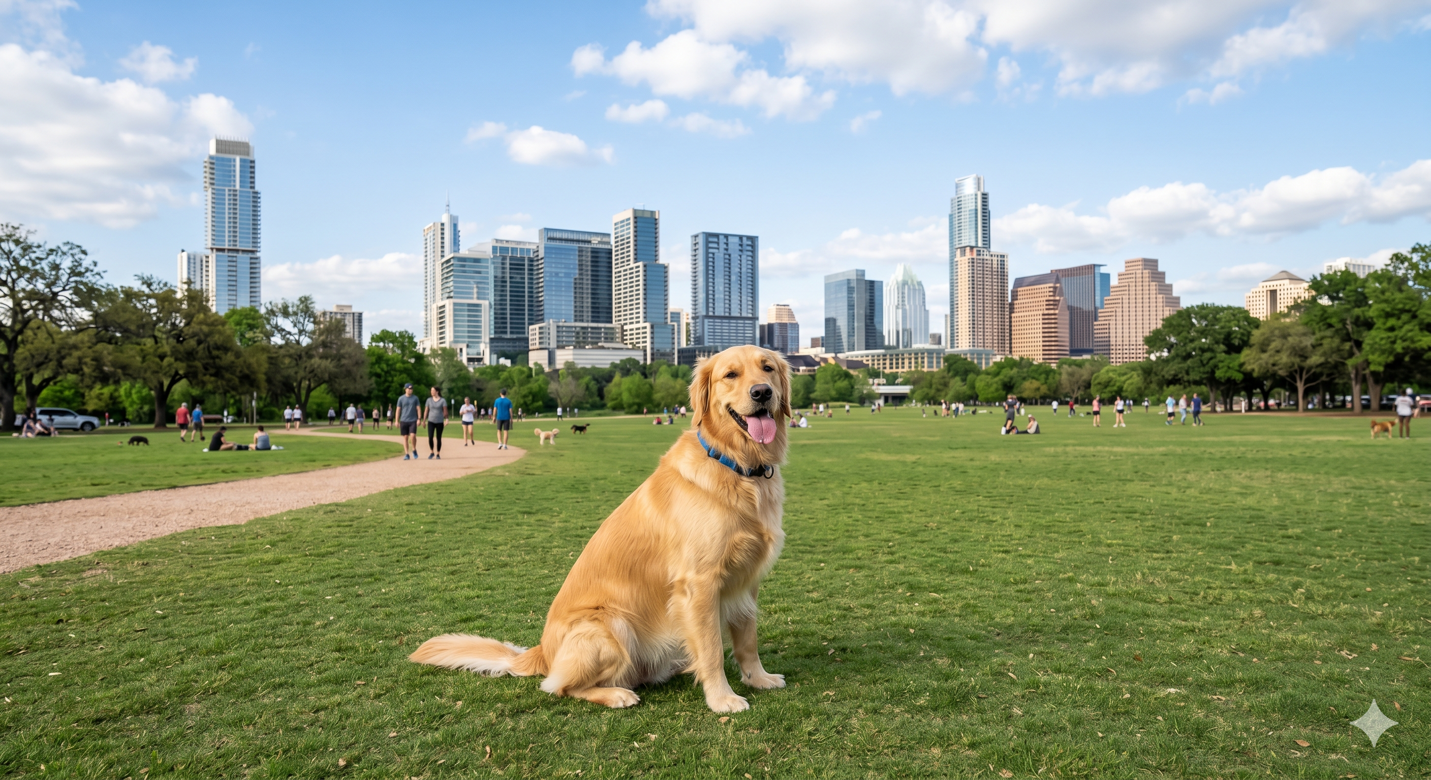 A happy dog enjoys the off-leash area at Zilker Park, Austin, TX, with the downtown skyline and mature trees visible in the soft morning light.