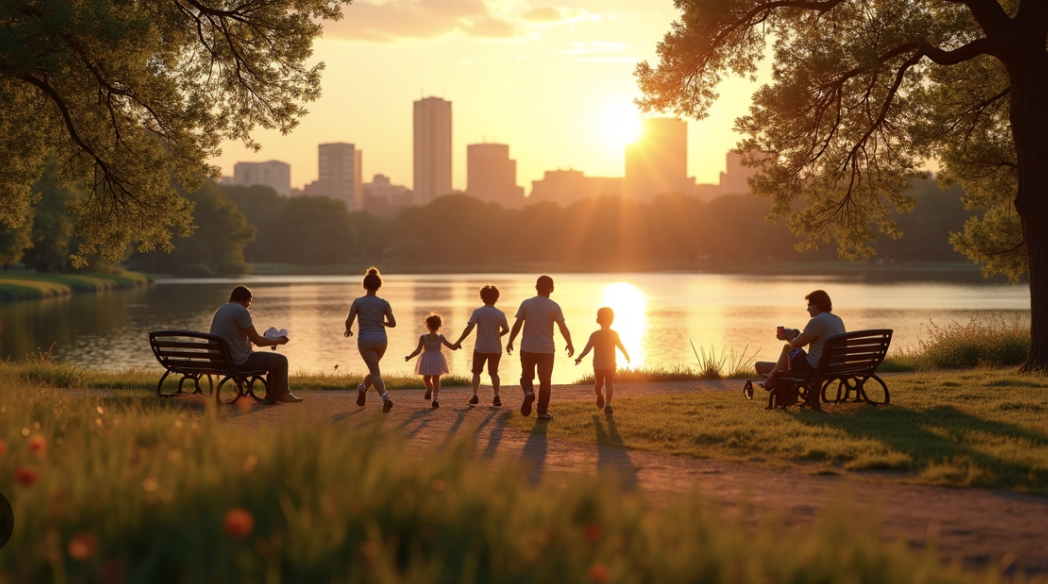 Family enjoying park in Mueller neighborhood Austin Texas