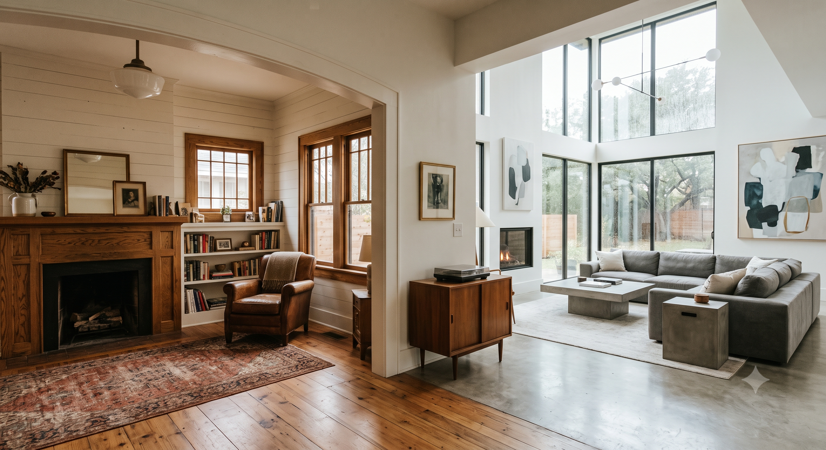 A bright, light-filled living space featuring historic architectural details mixed with modern luxury furnishings, showcasing a premium Austin lifestyle transition.
