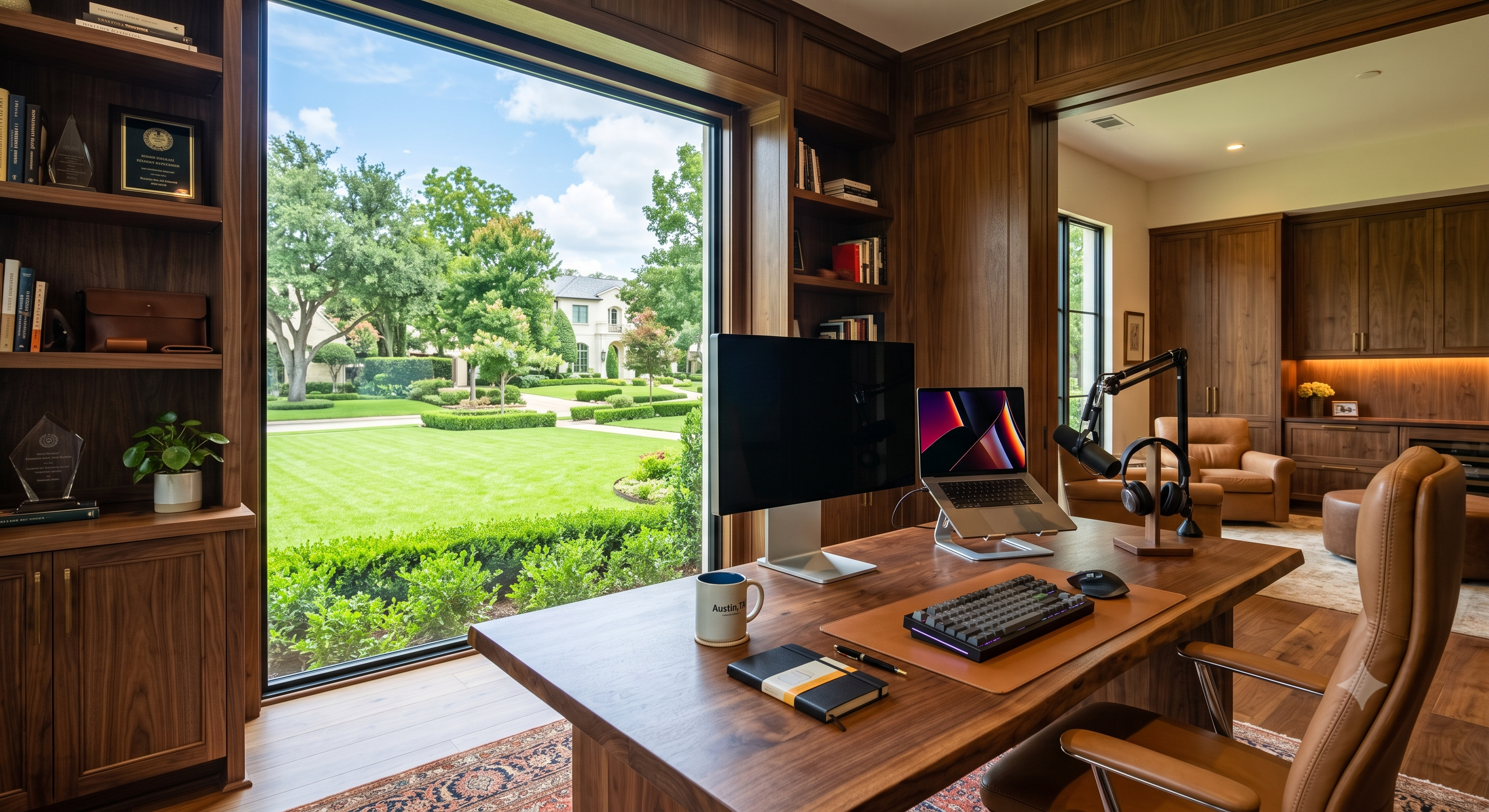 A sophisticated home office setup in a classic Tarrytown estate.