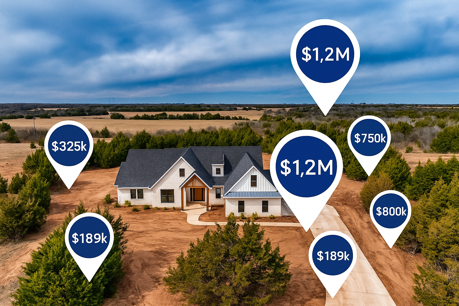 Modern Farmhouse with Price bubbles surrounding it