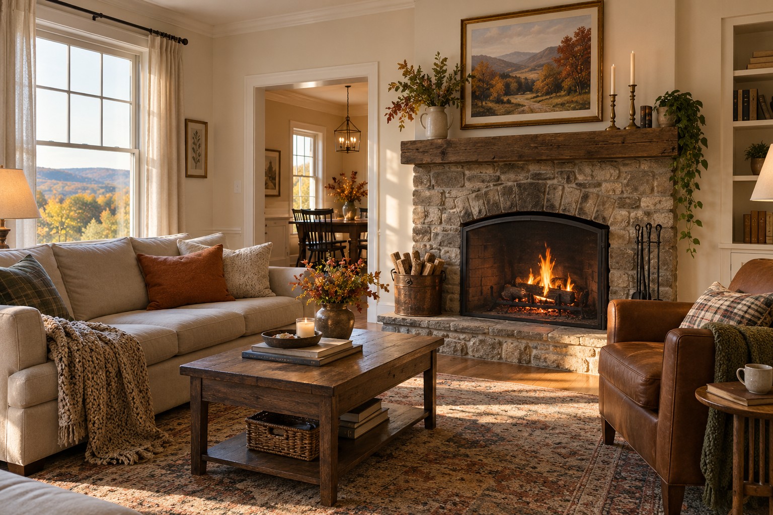 Cozy living room with a lit stone fireplace, comfortable seating, and fall foliage visible through the window.