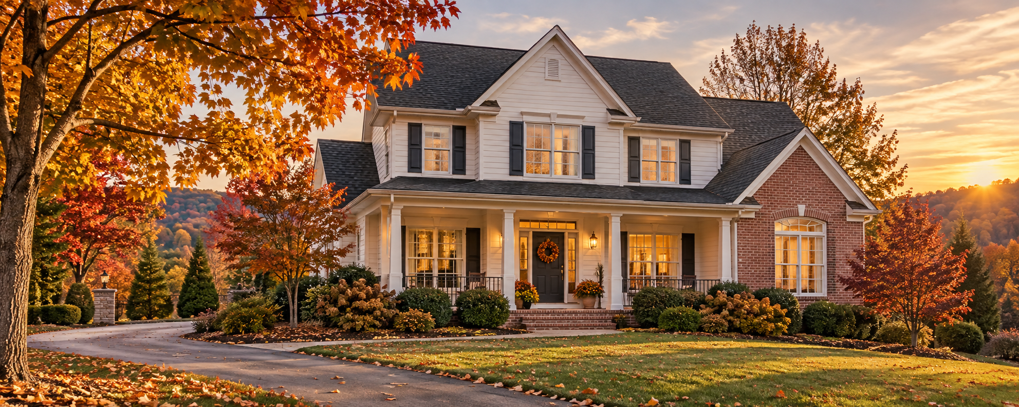 Welcoming traditional home with a covered porch, warm window lights, and colorful autumn trees at sunset.