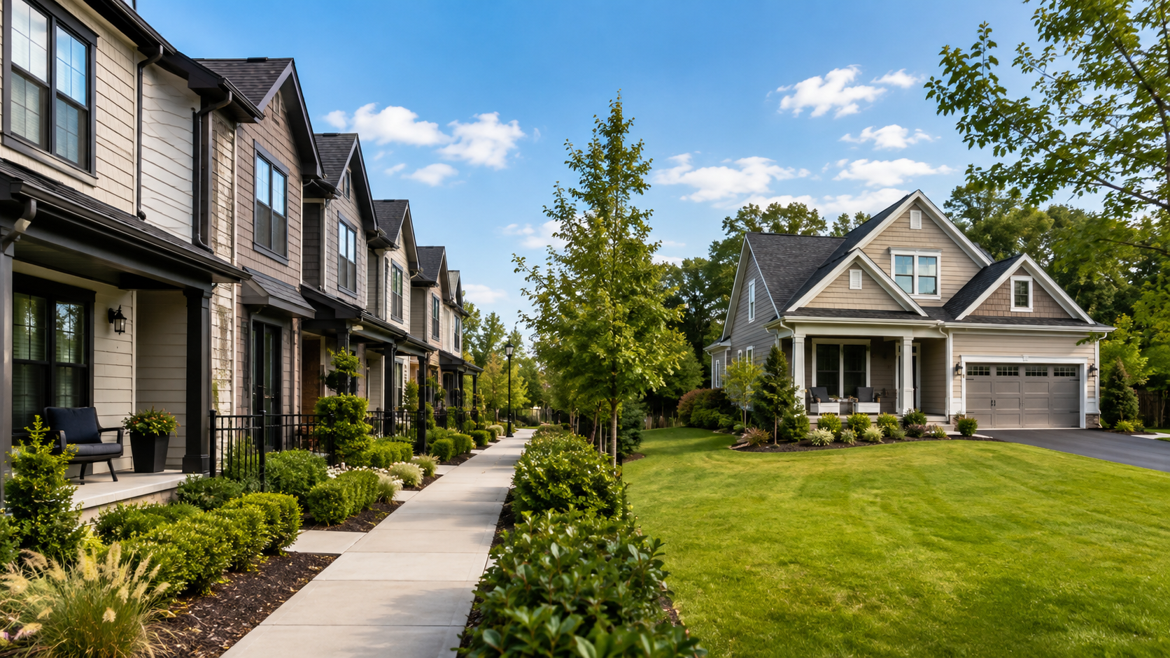 Townhomes and a detached single-family home in a landscaped neighborhood, illustrating the lifestyle differences buyers may compare.