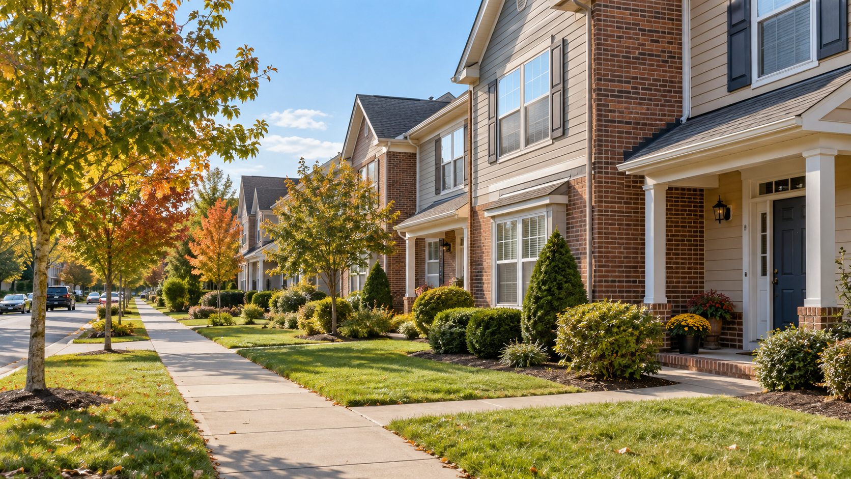 Row of brick and siding townhomes with landscaped front yards, a neighborhood sidewalk, and trees showing autumn colors.