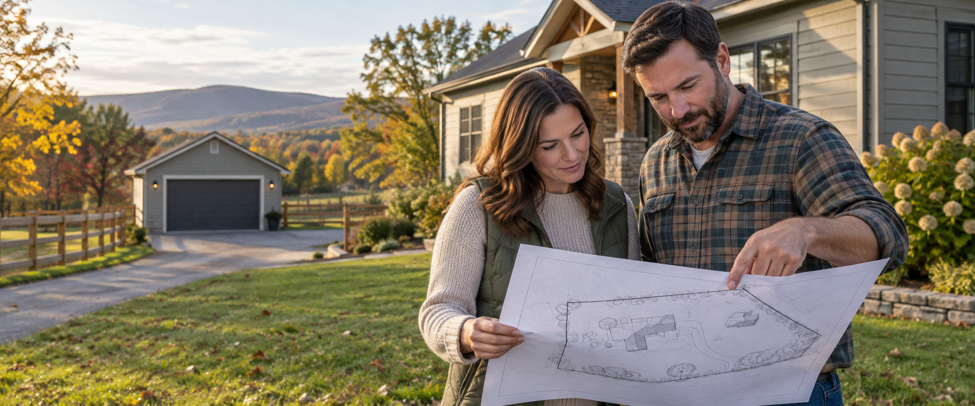 Potential homebuyers review a property survey outside a home with a driveway, fence, and detached garage.