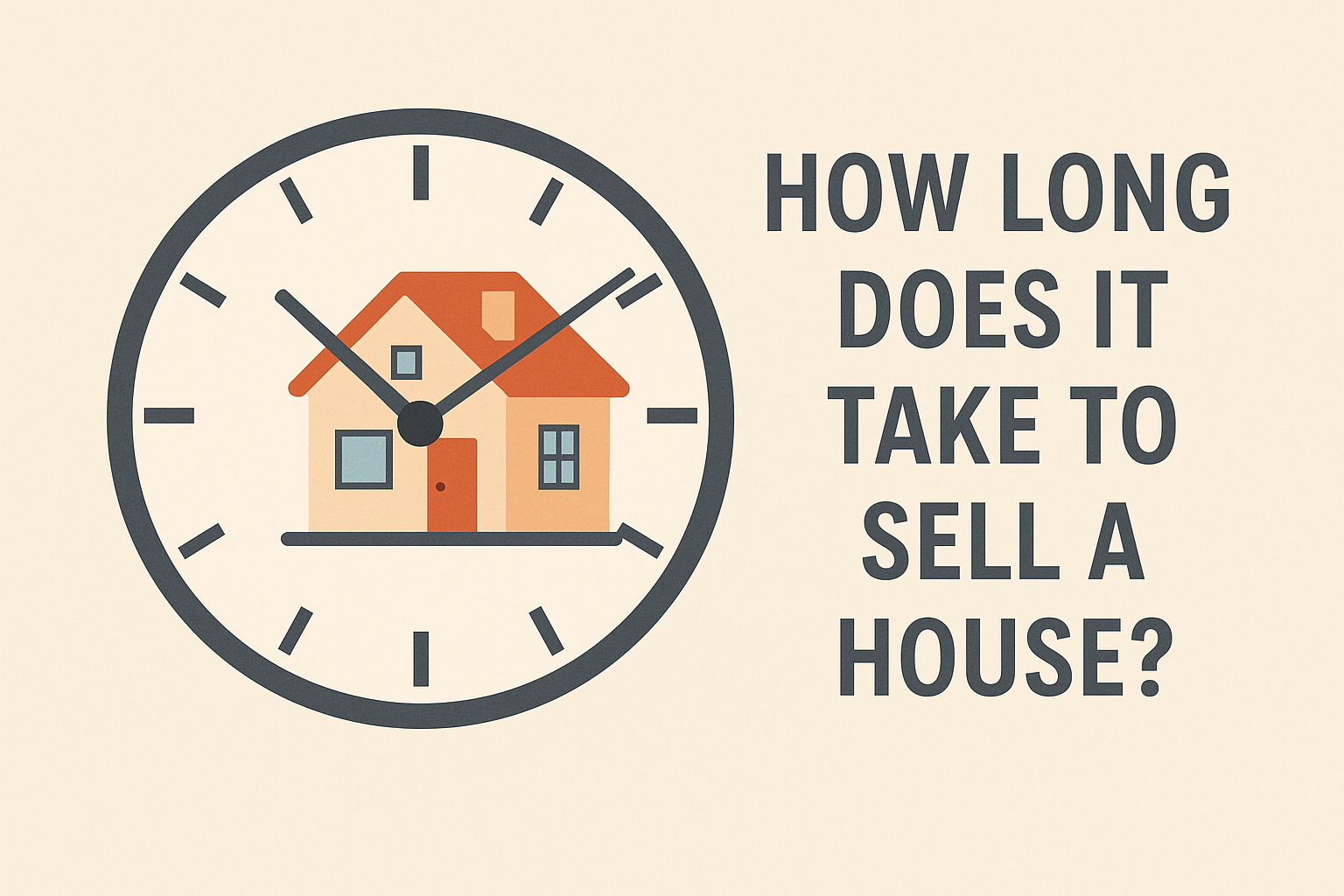 A 2D digital illustration of a traditional analog clock with a house at its center, visually symbolizing the concept of how long it takes to sell a home.