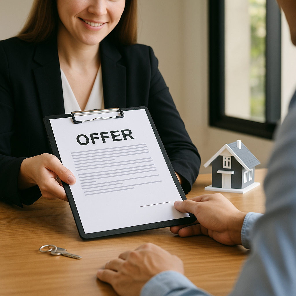 Real estate agent sliding a written offer across a table to a homeowner, symbolizing the decision to accept or negotiate the first offer on a house in Alabama