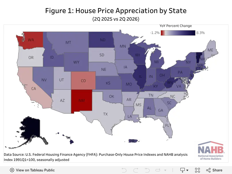 Map-style graphic showing where U.S. home prices rose and fell in 2026 for Mansfield and Richland County readers