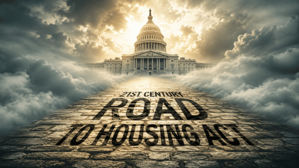 Cobblestone road labeled 21st Century ROAD to Housing Act leading to the U.S. Capitol