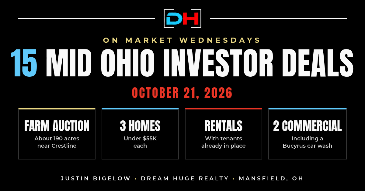 On Market Wednesdays: 15 Mid-Ohio investor deals for October 21, 2026, including a 190 acre farm auction near Crestline and a Bucyrus car wash