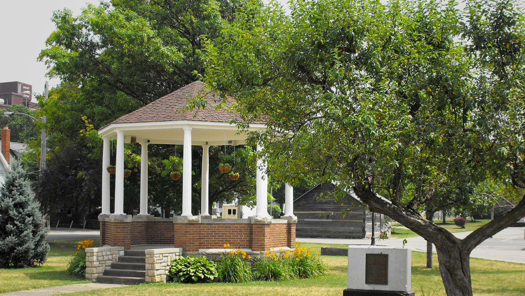 Gazebo and green at Shelby Central Park in Shelby, Ohio.